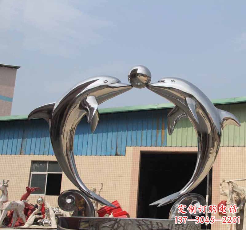 张掖海豚之恋——不锈钢公园镜面海豚顶球雕塑