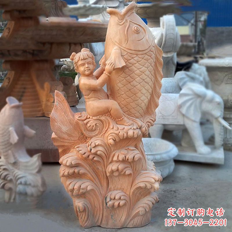 张掖大型喷水鲤鱼雕塑-晚霞红石喷泉