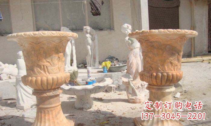 张掖公园景观晚霞红花盆石雕