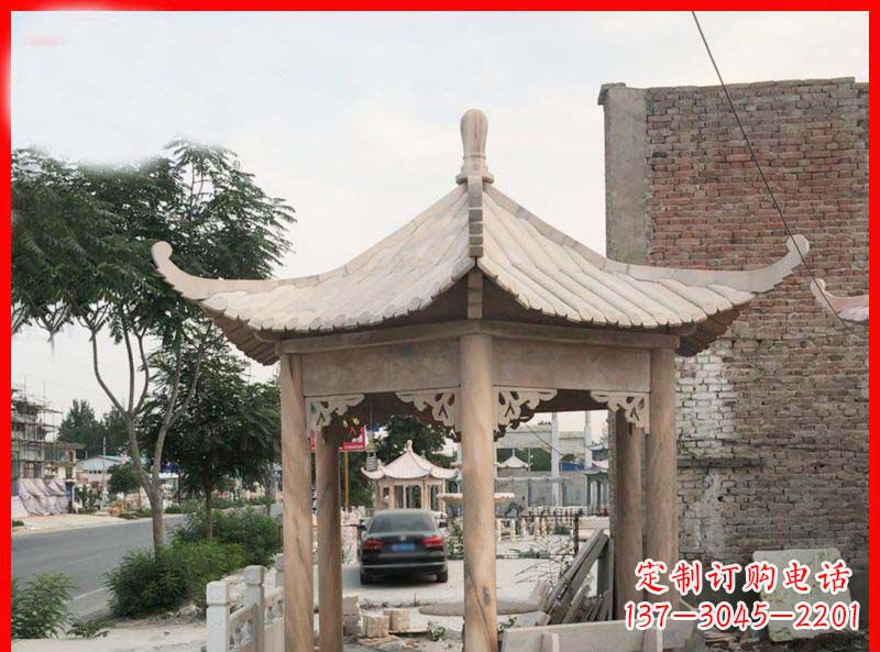 张掖公园晚霞红六角石凉亭雕塑