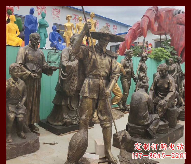 张掖公园渔翁和鸬鹚铜雕