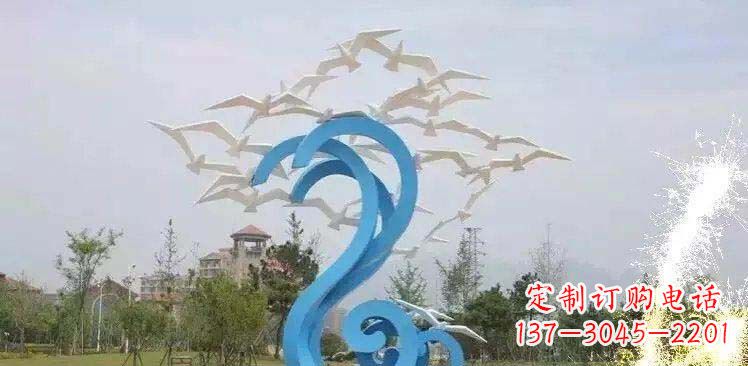 张掖海边不锈钢海浪和海鸥雕塑