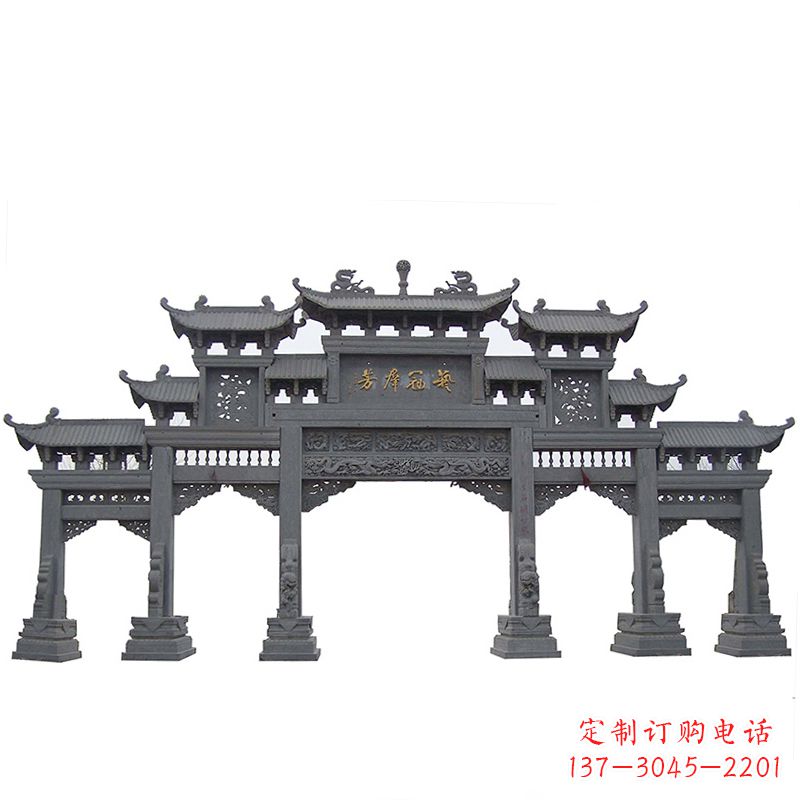 张掖传承千年历史青石仿古五门石雕牌楼