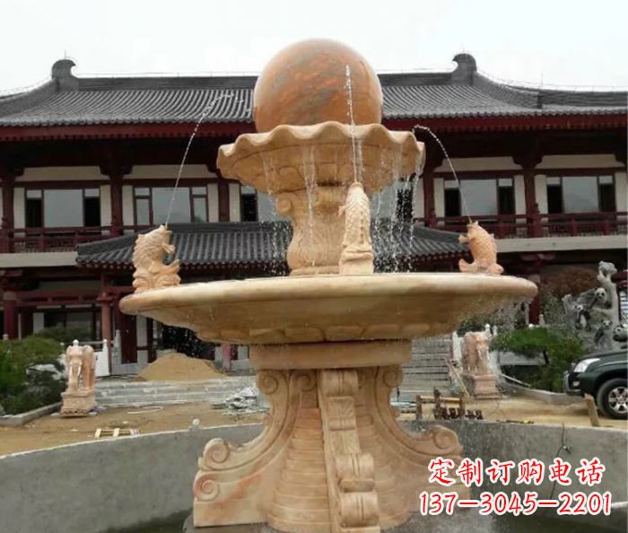 张掖双层风水球喷泉晚霞红石雕