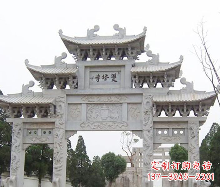 张掖寺庙三门牌坊石雕 (2)