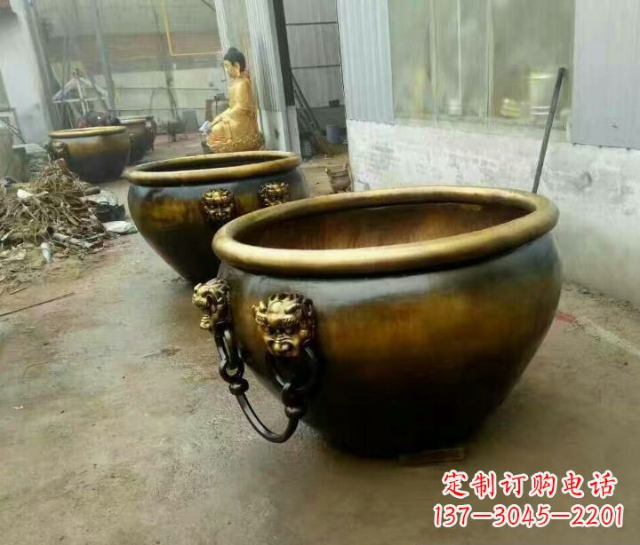 张掖铜雕圆形荷花水缸雕塑 (2)