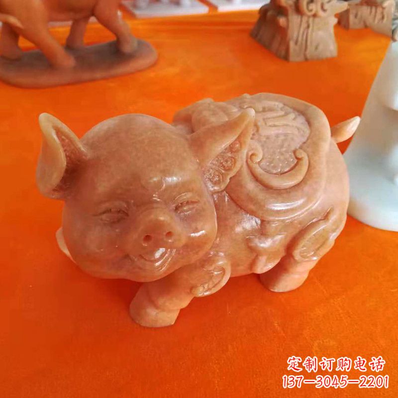 张掖晚霞红大理石招财猪雕塑-企业商场创意生肖动物风水摆件