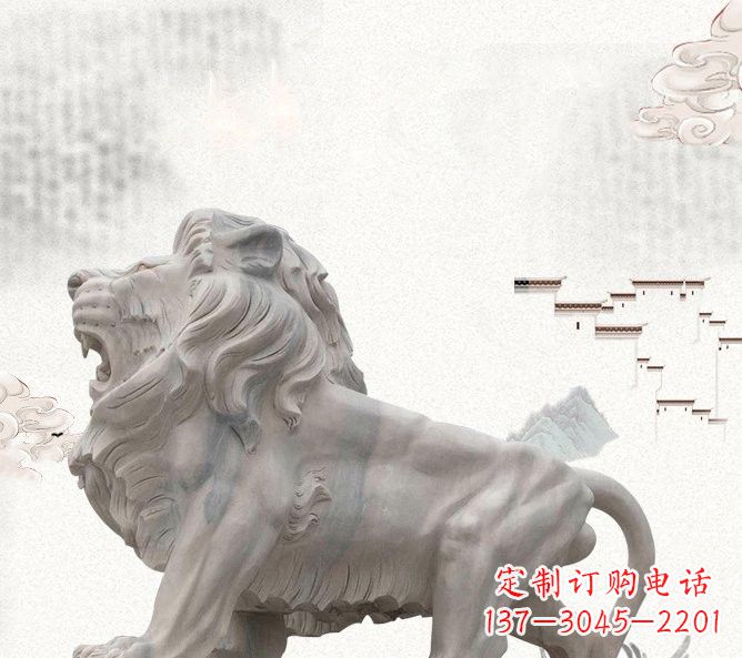 张掖晚霞红公园动物仿真狮子石雕