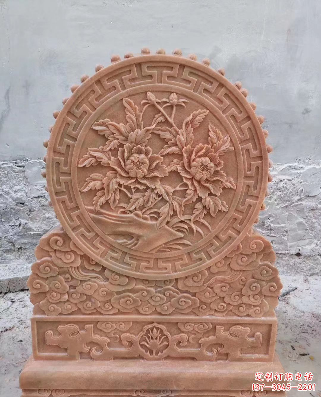 张掖晚霞红牡丹花浮雕石门墩