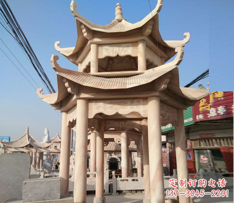 张掖晚霞红双层六角凉亭石雕 (3)