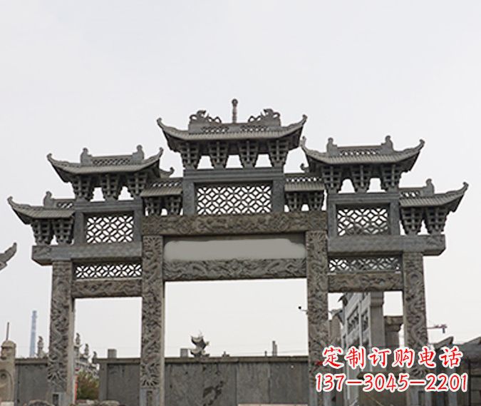 张掖园林仿古三门牌坊石雕 (4)