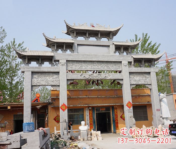 张掖园林仿古三门牌坊石雕 (5)