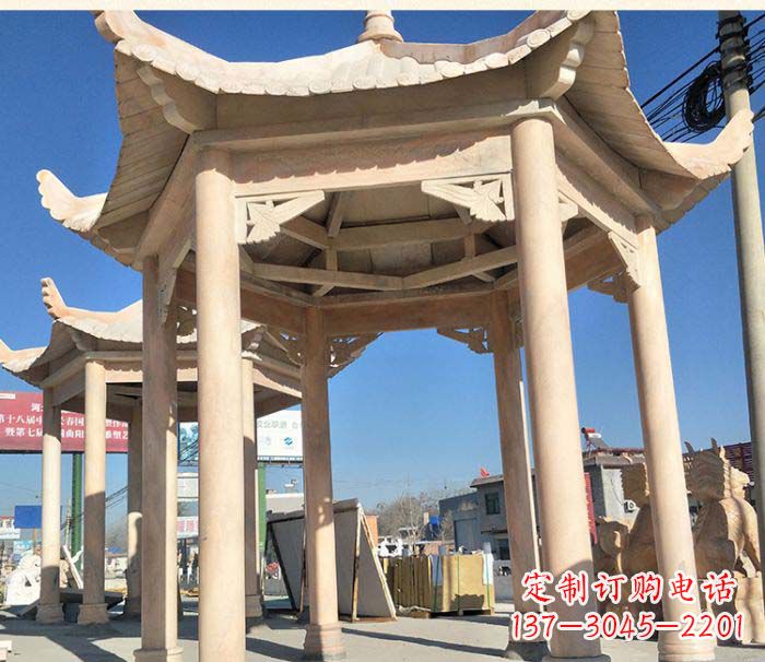 张掖园林景观晚霞红六角石雕凉亭 (2)