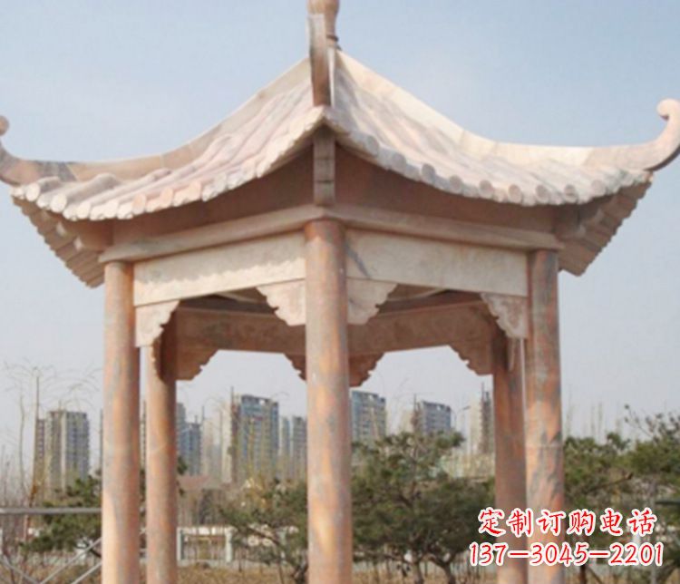 张掖园林晚霞红六角石凉亭景观石雕
